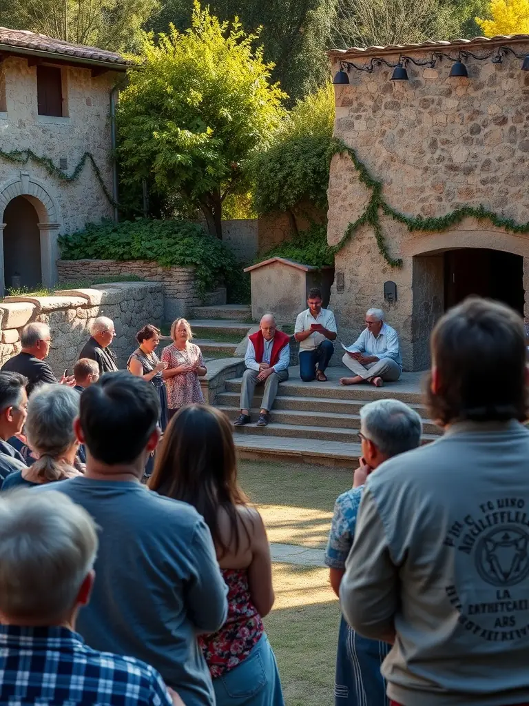 A photograph of a community event showcasing local poets reciting their work in a picturesque setting in the Authre Valley, emphasizing the organization's support for artistic creation.