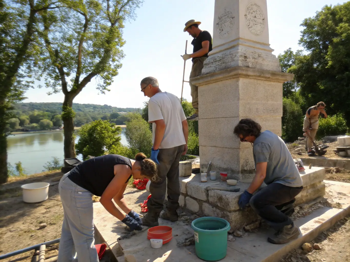 An inspiring image of a group of volunteers working together to restore a historical site in the Authre Valley, preserving its cultural significance for future generations.