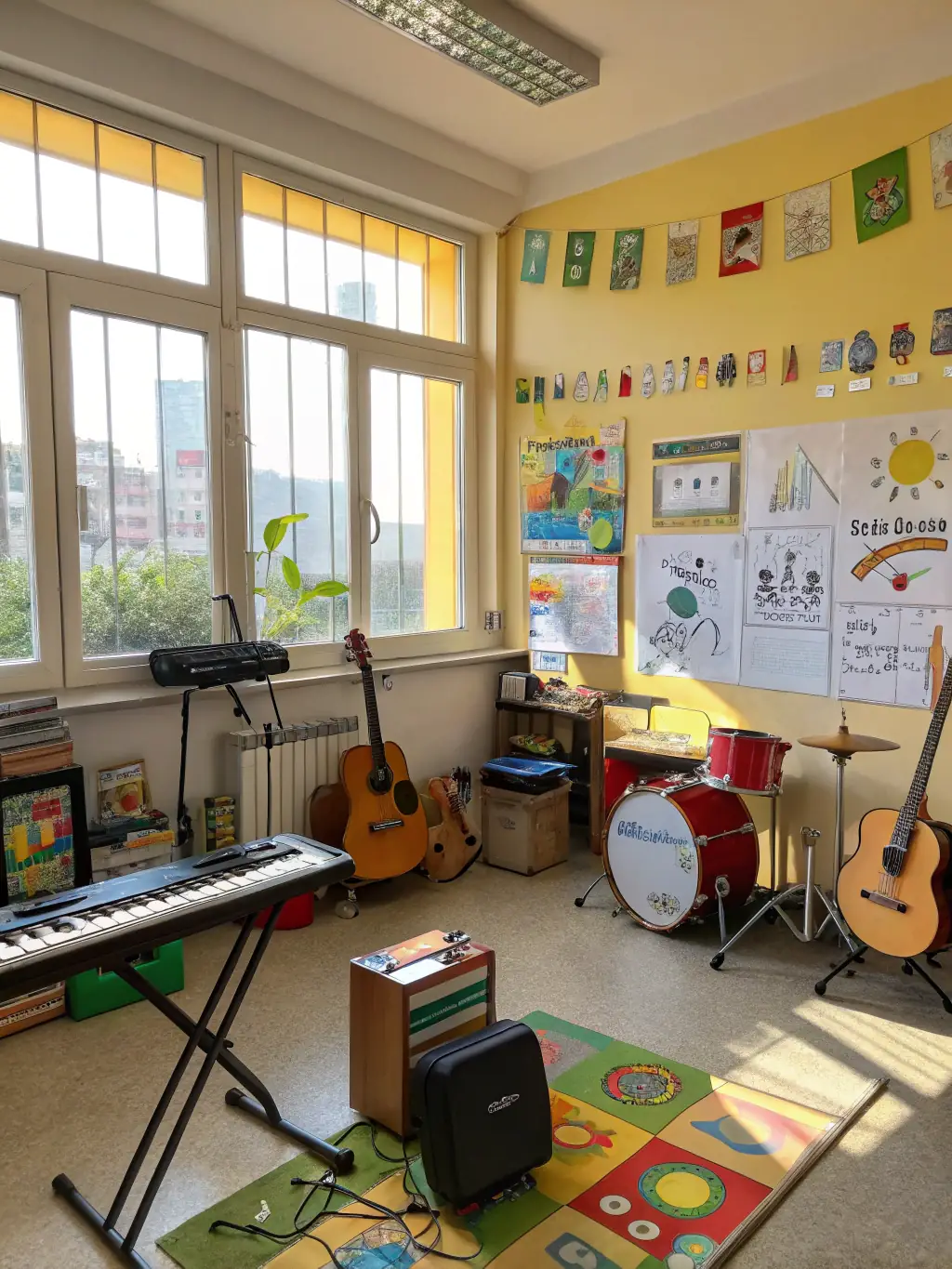 A classroom scene with children and teachers engaged in a poetry writing session, surrounded by colorful artwork and musical instruments, representing the Educational and Artistic Workshops.