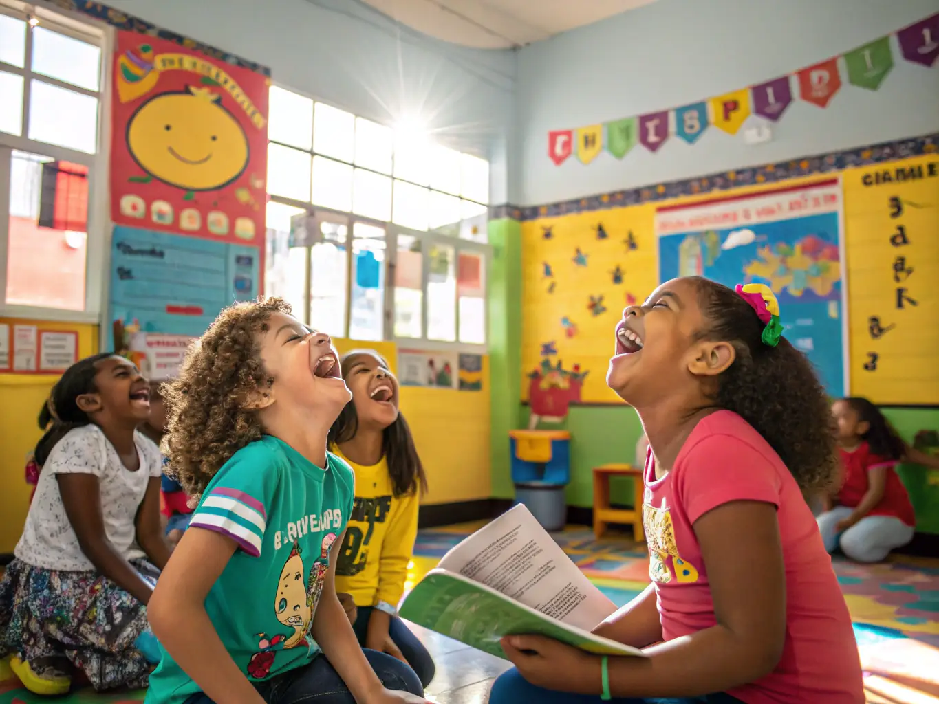 A vibrant image depicting a poetry workshop in a local school, with children actively participating and expressing their creativity through writing and performance.