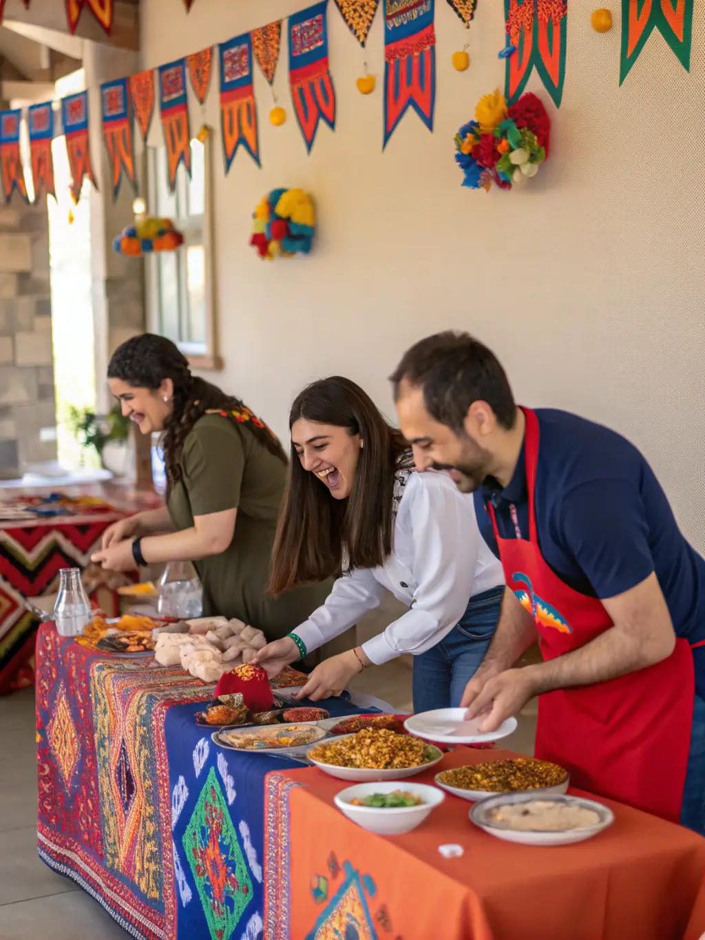 Volunteers working together to organize a cultural event, demonstrating teamwork and the positive impact of collective effort.