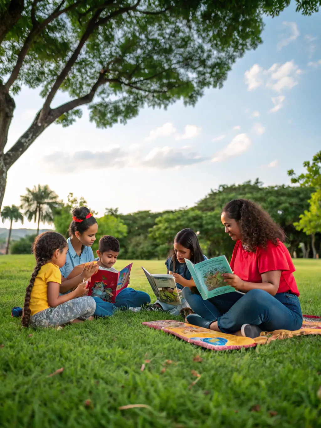 A group of diverse community members actively participating in a poetry reading event in a local park, showcasing community engagement and cultural enrichment.