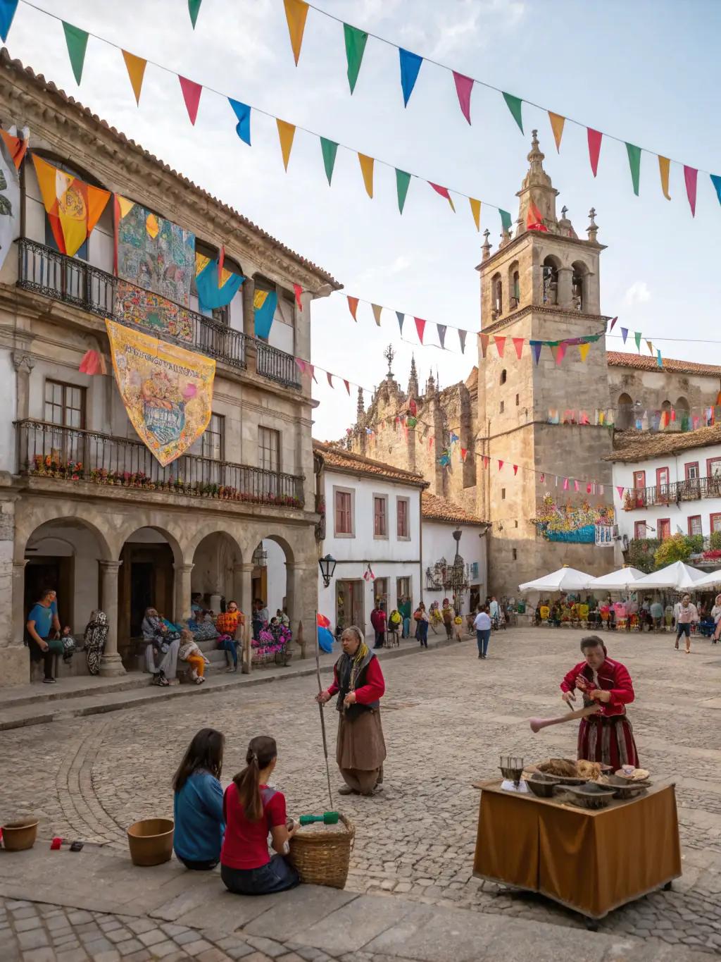 A vibrant image of local artisans and community members participating in a traditional craft workshop outdoors, with colorful cultural decorations in the background. The scene captures the essence of the Cultural Heritage Preservation Program.